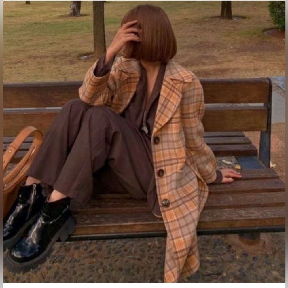 Petite Studio Plaid Beige Carmel Wool Coat - Picture 2 of 8